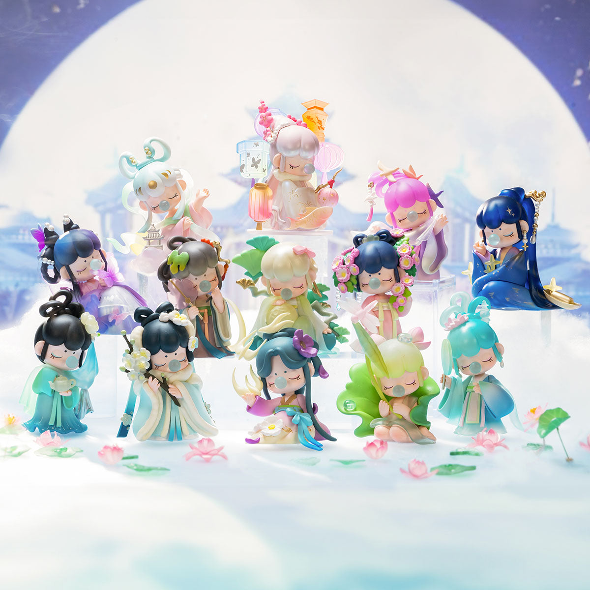 Rolife Nanci Poetic Beauty complete set of 12 figure dolls posed together against a moonlit Chinese landscape background
