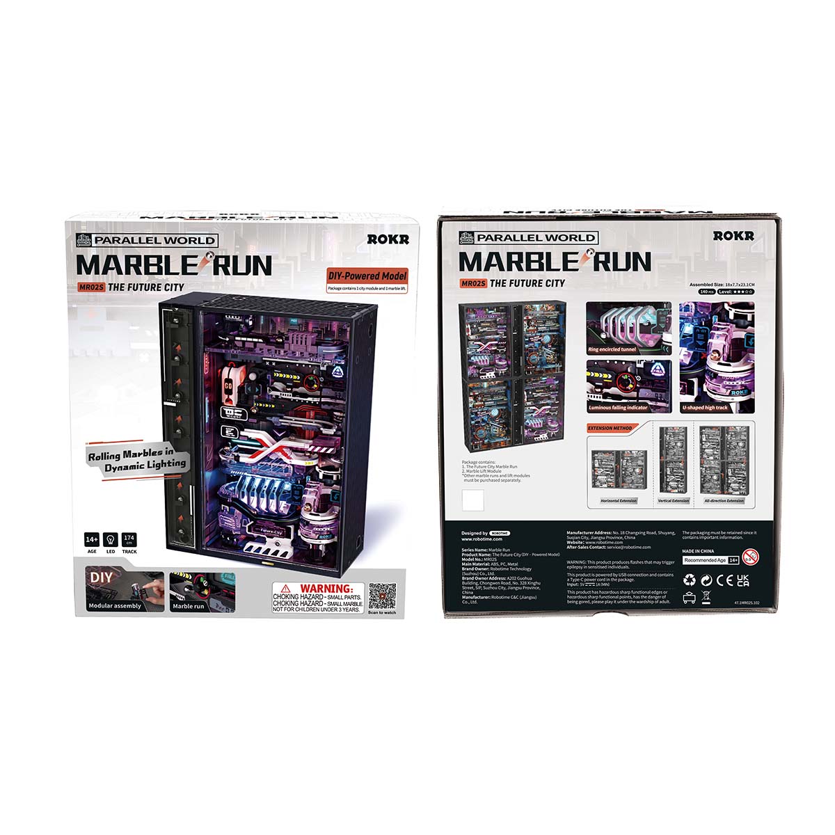 ROKR Future City marble run retail box front and back are shown on a white background.