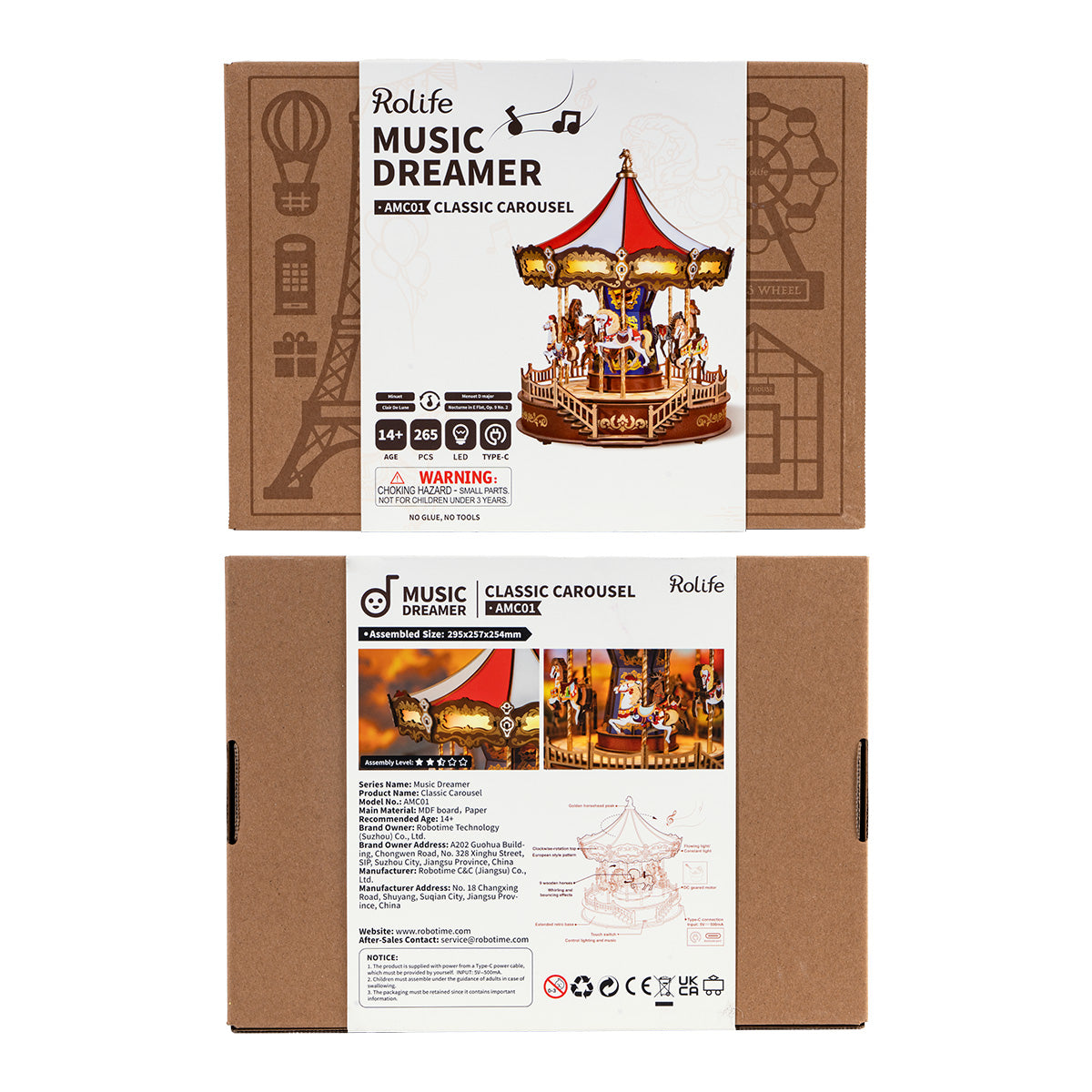 Rolife Classic Carousel Music Dreamer AMC01 retail packaging box showing product name, difficulty icons and assembled model preview