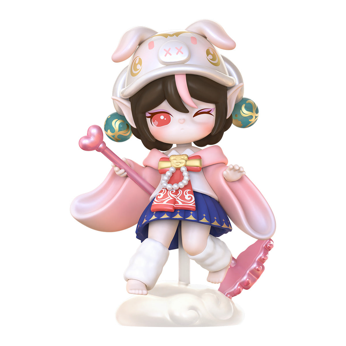 Rolife Suri Lingfeng Town collectible figure in hanfu robes with rabbit ears and a floral lantern surrounded by colorful festival lanterns and koi fish accessories