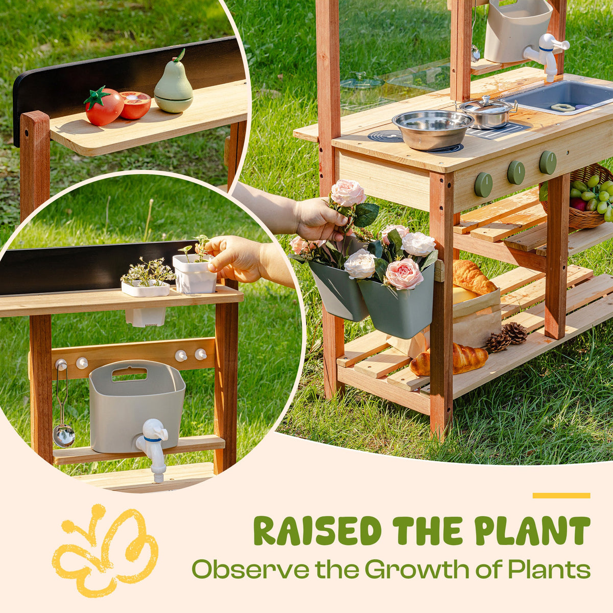 ROBUD outdoor mud kitchen in a backyard setting with raised plant basket feature, stainless steel bowls and real flowers placed on the work surface