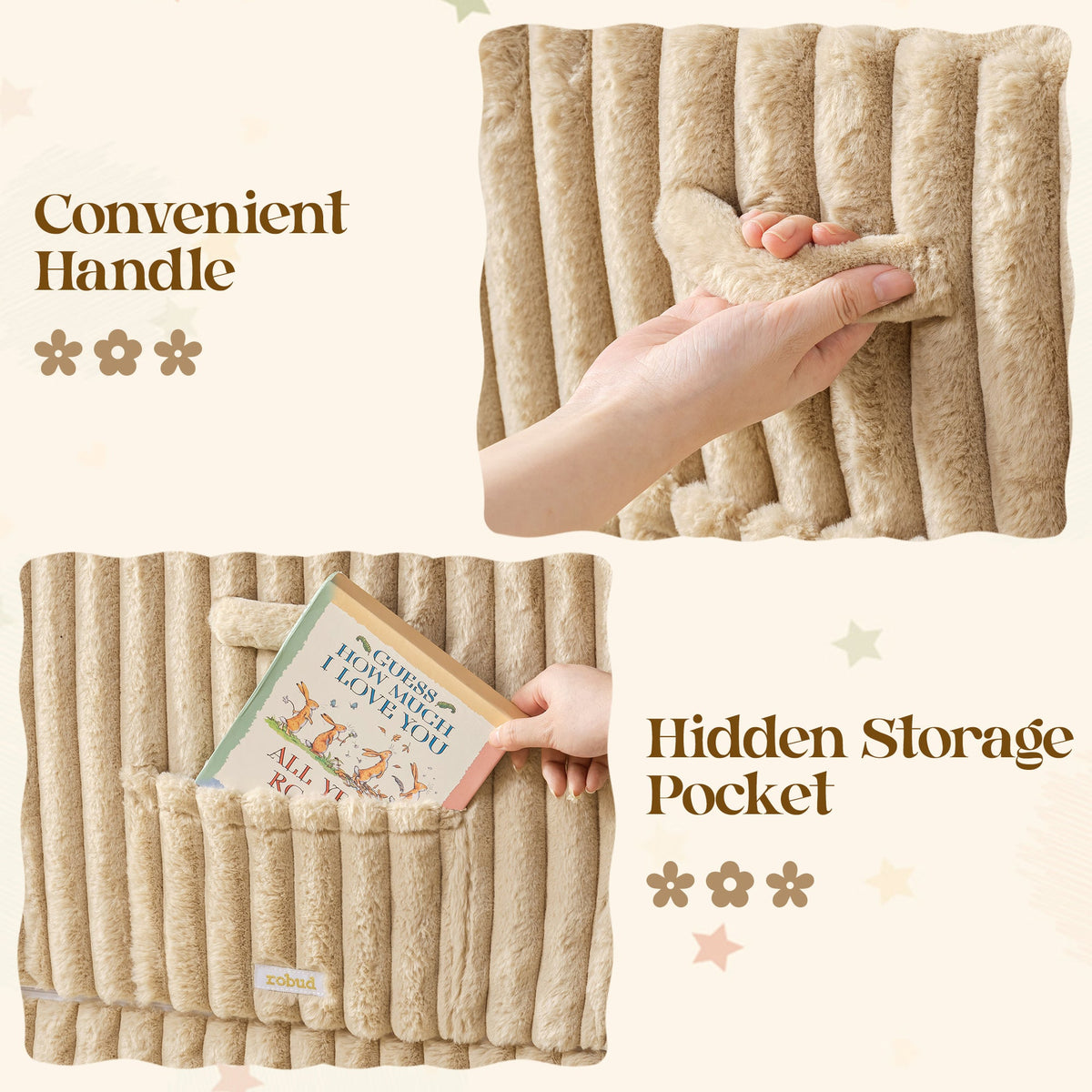 ROBUD Children's Sofa folded flat showing convenient carry handle and hidden storage pocket sewn into the beige corduroy back panel