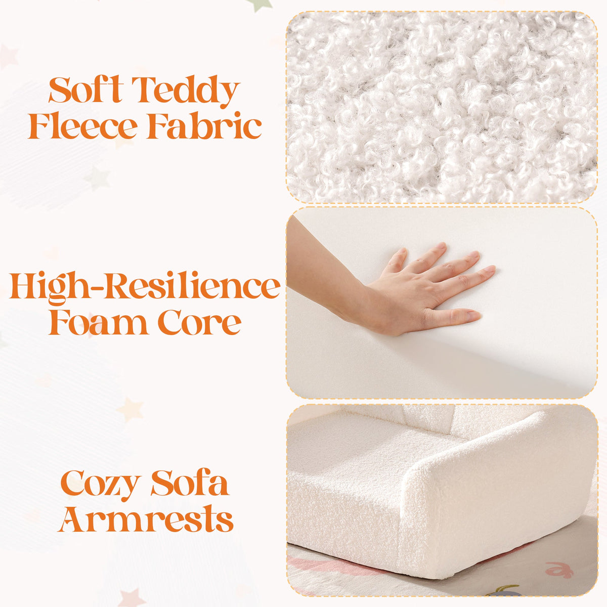 ROBUD Children's Sofa cream teddy fleece fabric, high-resilience foam core and cozy armrests feature card