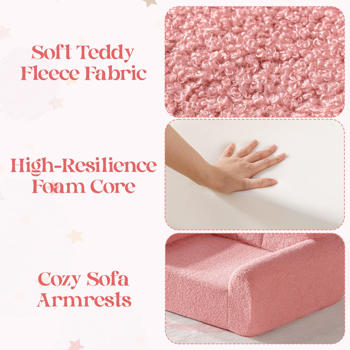 Material cross-sections for the ROBUD pink kids sofa: soft teddy fleece fabric, high-resilience foam core, padded armrests.