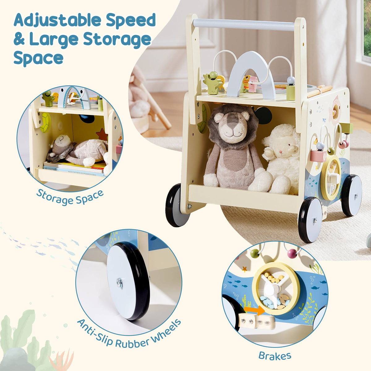 ROBUD Wooden Baby Push Walker Underwater World side view showing adjustable speed setting, large storage space and anti-slip rubber wheels
