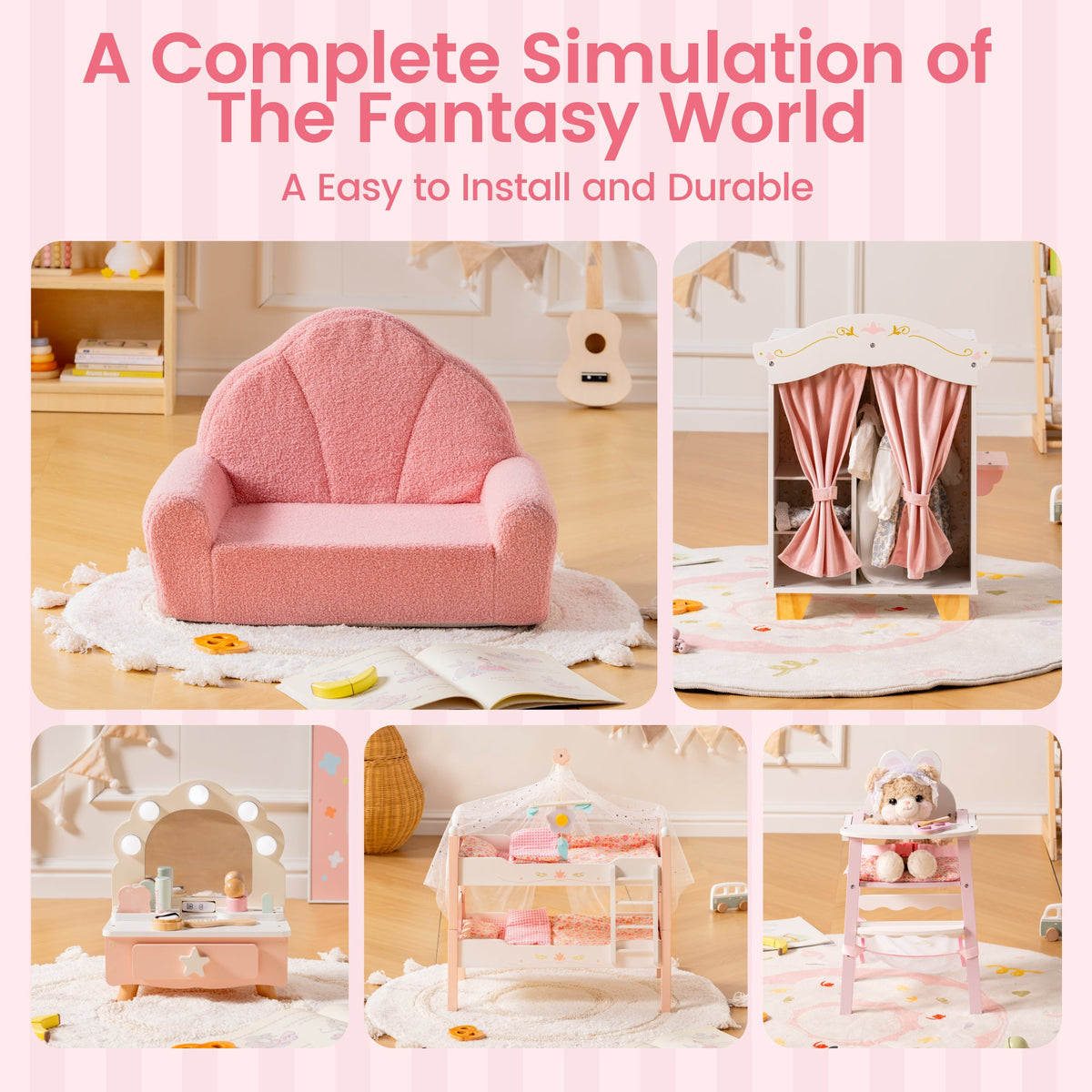 ROBUD Princess series showing pink sofa, vanity, doll wardrobe, bunk bed, and high chair as a complete fantasy play world.
