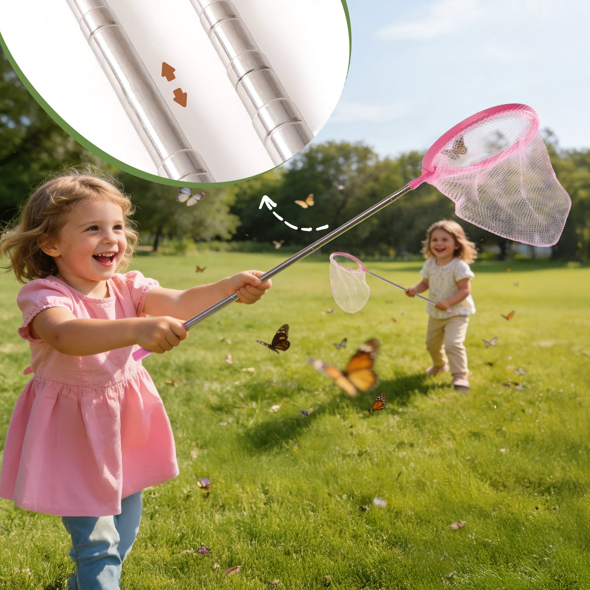 Girl in pink dress swinging telescopic net to catch butterflies in meadow with ROBUD pink butterfly net with inset net mesh detail