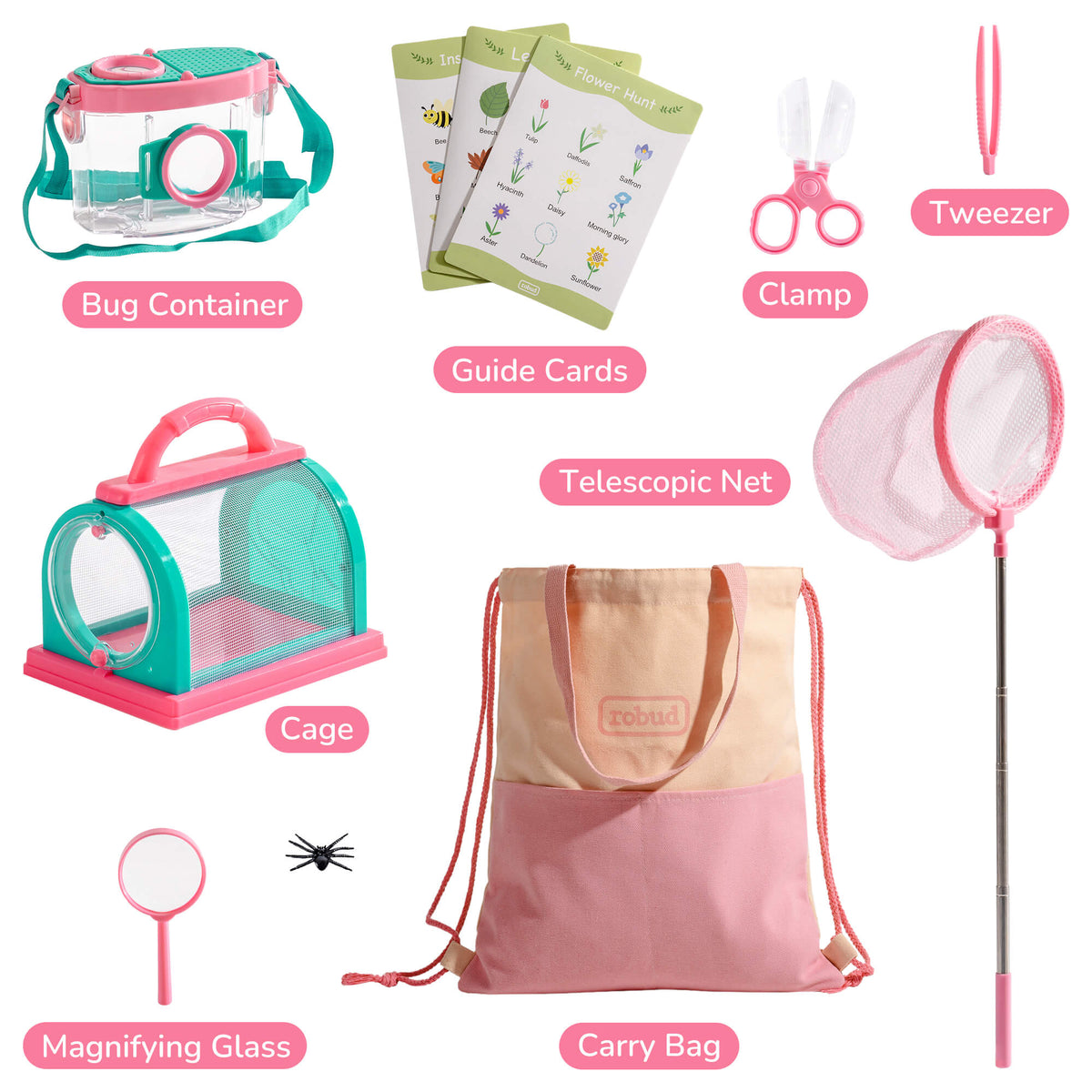 ROBUD pink outdoor explorer kit contents spread flat showing bug container, telescopic net, guide cards, tweezers, clamp, magnifying glass, and carry bag