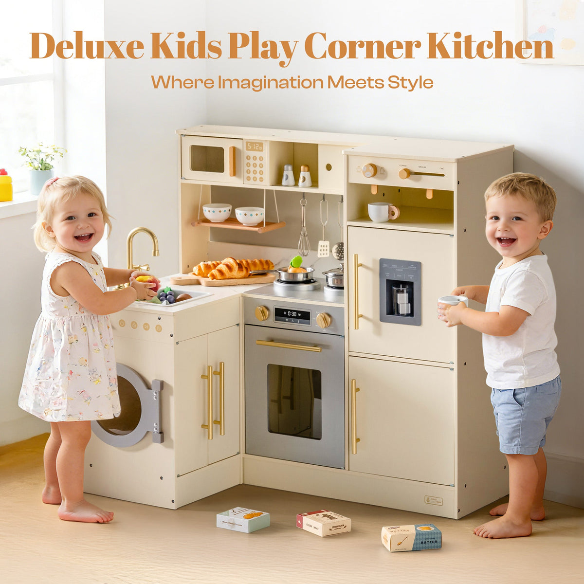 Two toddlers playing side by side at the large ROBUD cream corner kitchen with washing machine and refrigerator panels.