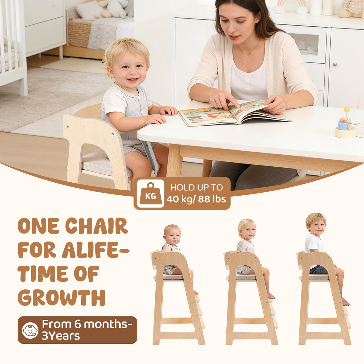 Mother reads a book at a table while two children of different ages sit in the ROBUD wooden high chair showing its growth range.
