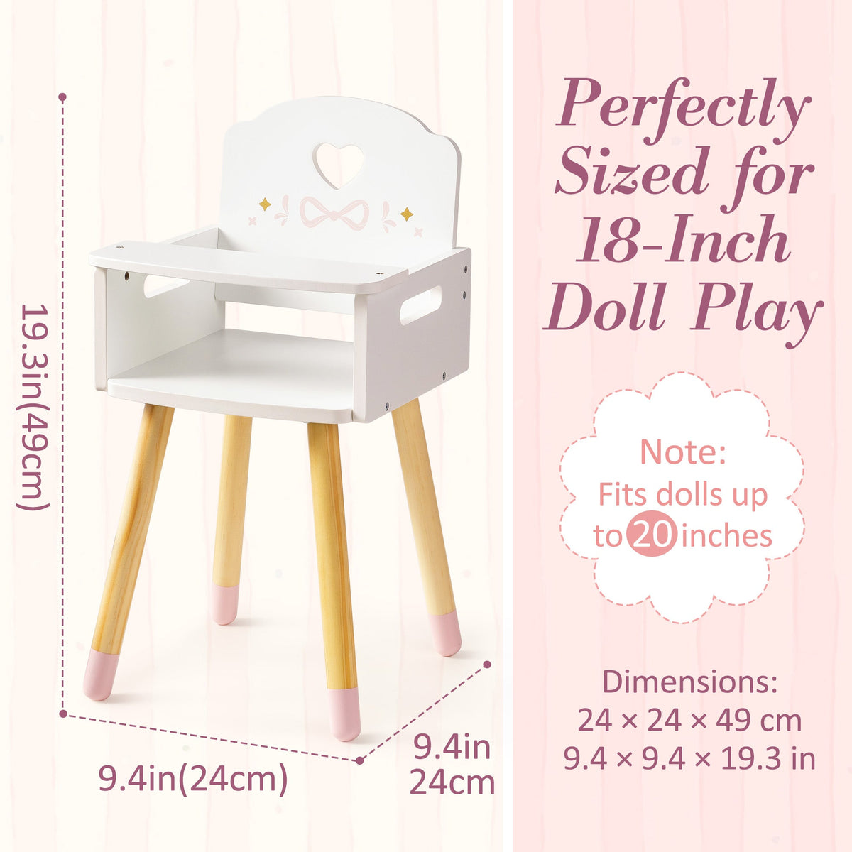 ROBUD doll high chair size specification showing 19.3 inch height and 9.4 inch width with a standing 18-inch doll.