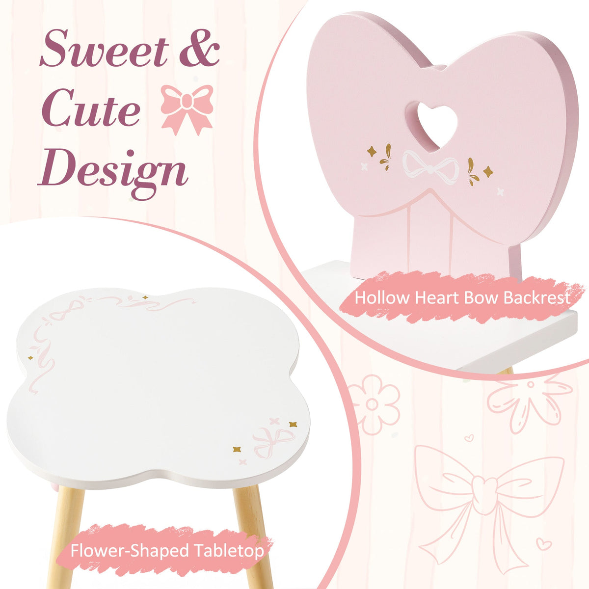 ROBUD pink wooden doll chair with hollow heart bow backrest and white flower-shaped tabletop detail callout on soft pink background