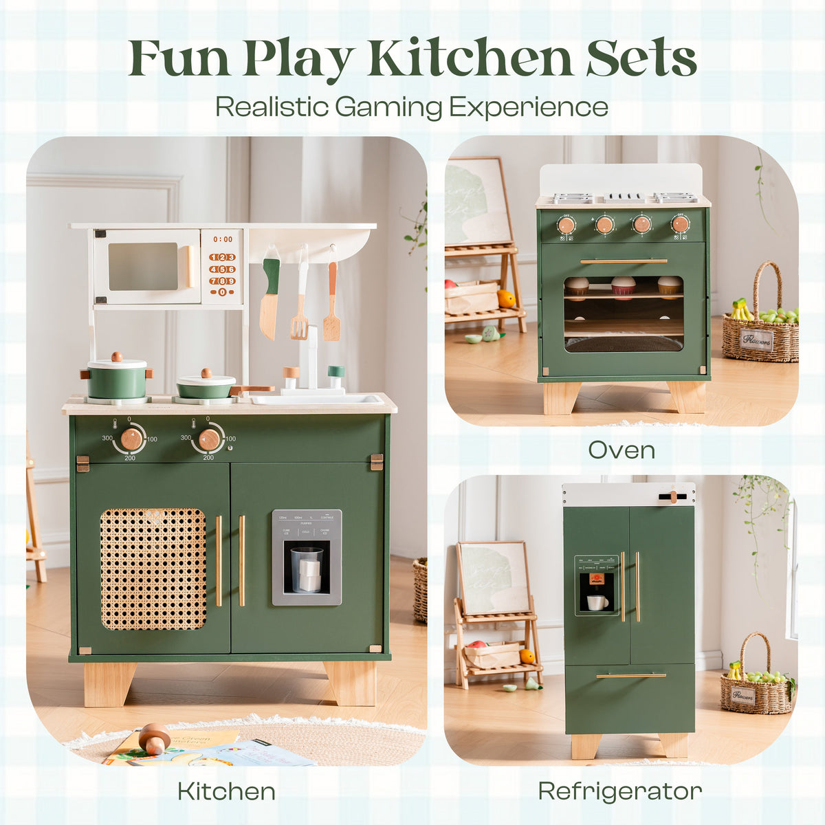 ROBUD vintage green 3-piece play kitchen set overview showing kitchen unit, oven, and refrigerator side by side for realistic role play