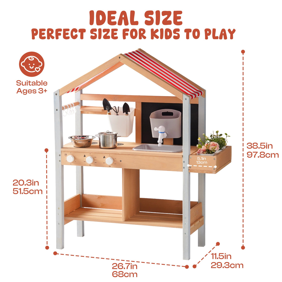 ROBUD outdoor mud kitchen with red and white stripe canopy showing dimensions 38.5 inches tall and 26.7 inches wide with accessories