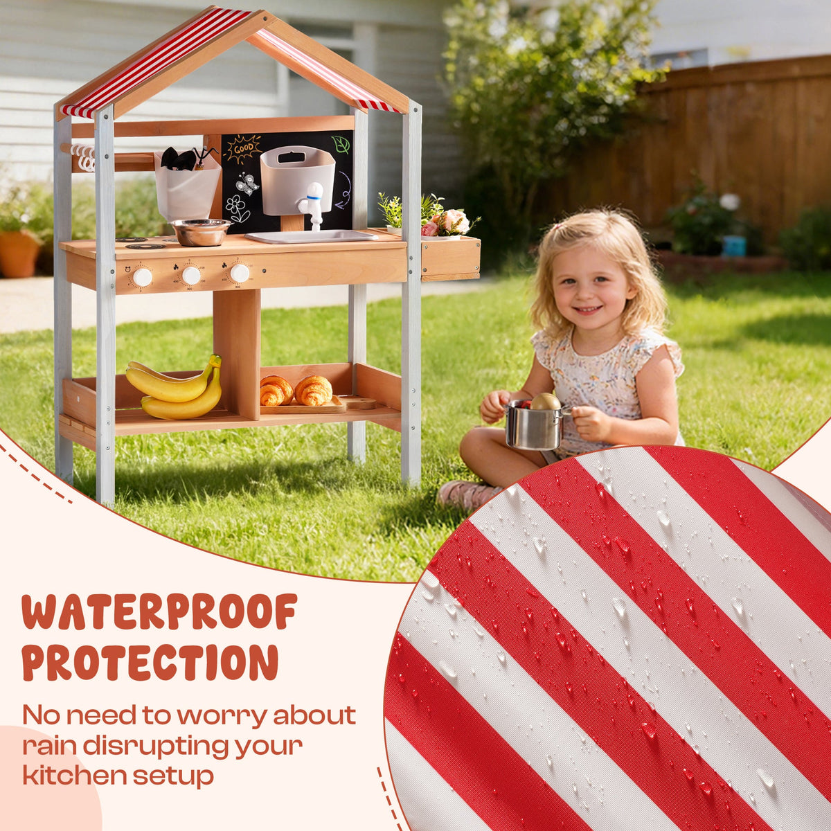Smiling girl beside ROBUD outdoor mud kitchen on grass showing waterproof red and white canopy with accessories on the counter