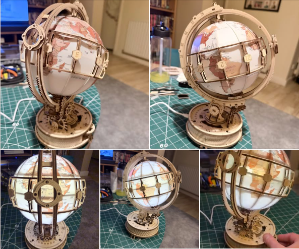 ROKR Luminous Globe 3D wooden puzzle four-panel build progress collage showing assembly stages from flat wooden pieces to