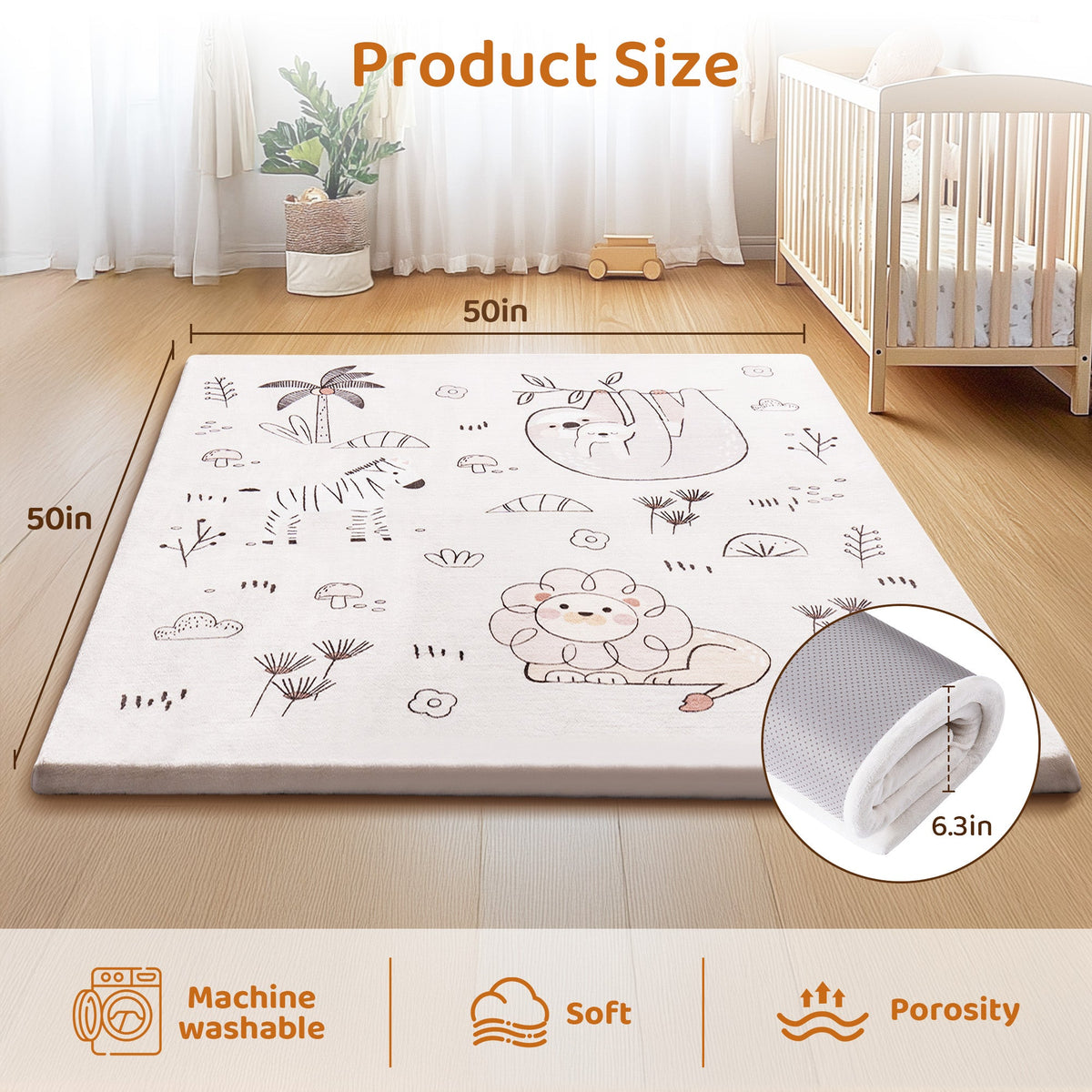 ROBUD baby play mat product size diagram showing 50 by 50 inch square layout with sloth and lion print, inset circle showing 1.2in foam thickness in a bright nursery setting
