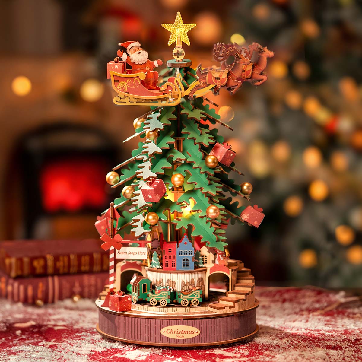 Rolife Christmas Melody Tree AMS01 on white background showing tiered branch silhouette with LED tips