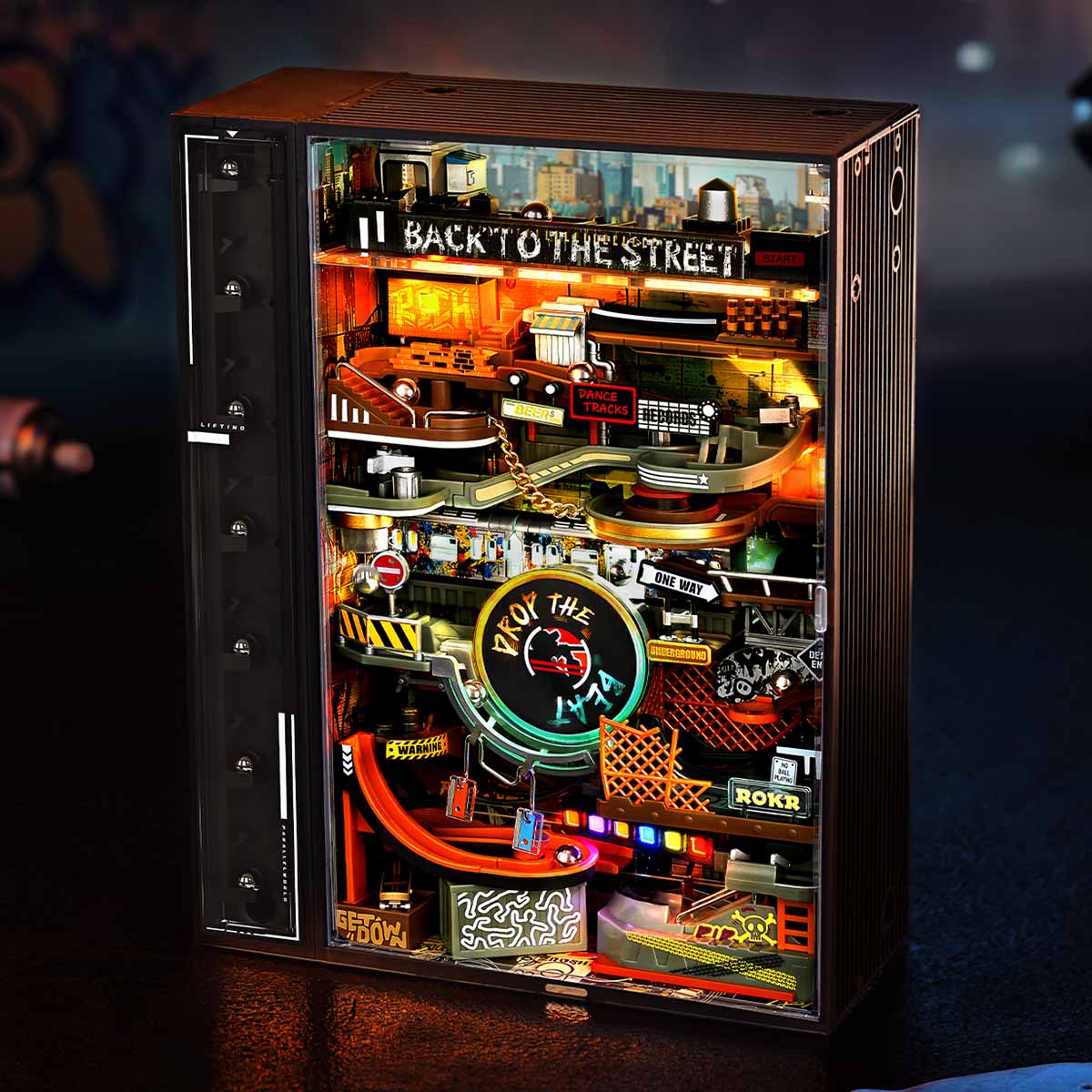 ROKR Hip-Hop Street Marble Run Mechanical 3D Puzzle MR03S, mechanical marble run 3D puzzle, side view