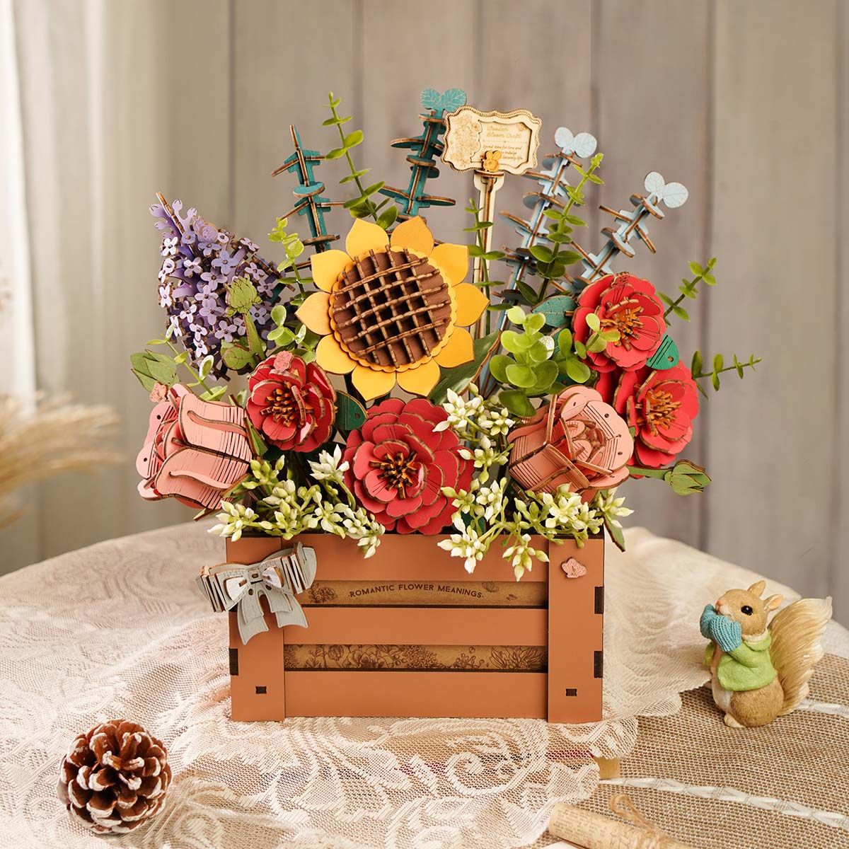 Rowood Wooden Bloom Box lifestyle display with sunflower, roses and lavender arrangement on a rustic wooden table