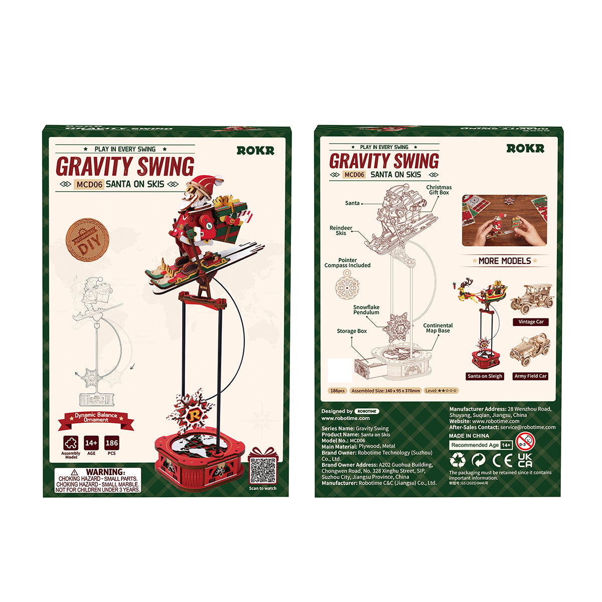 ROKR Santa on Skis Pendulum Balance Toy 3D Puzzle MCD06 3D wooden puzzle model, side view highlighting structure and scale