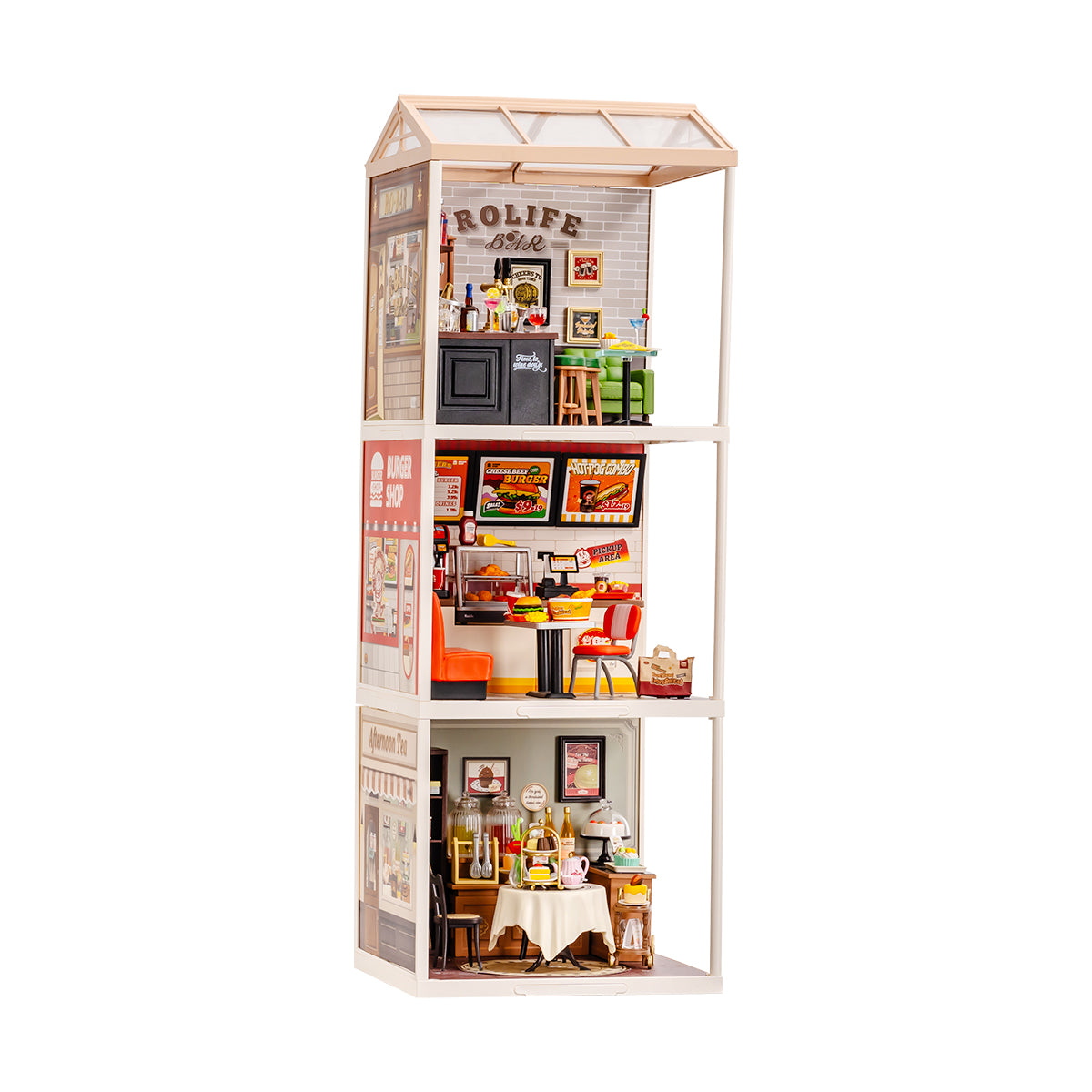 Rolife Super Creator 3 in 1 I Shape DIY miniature dollhouse kit, top-down view of the assembled model