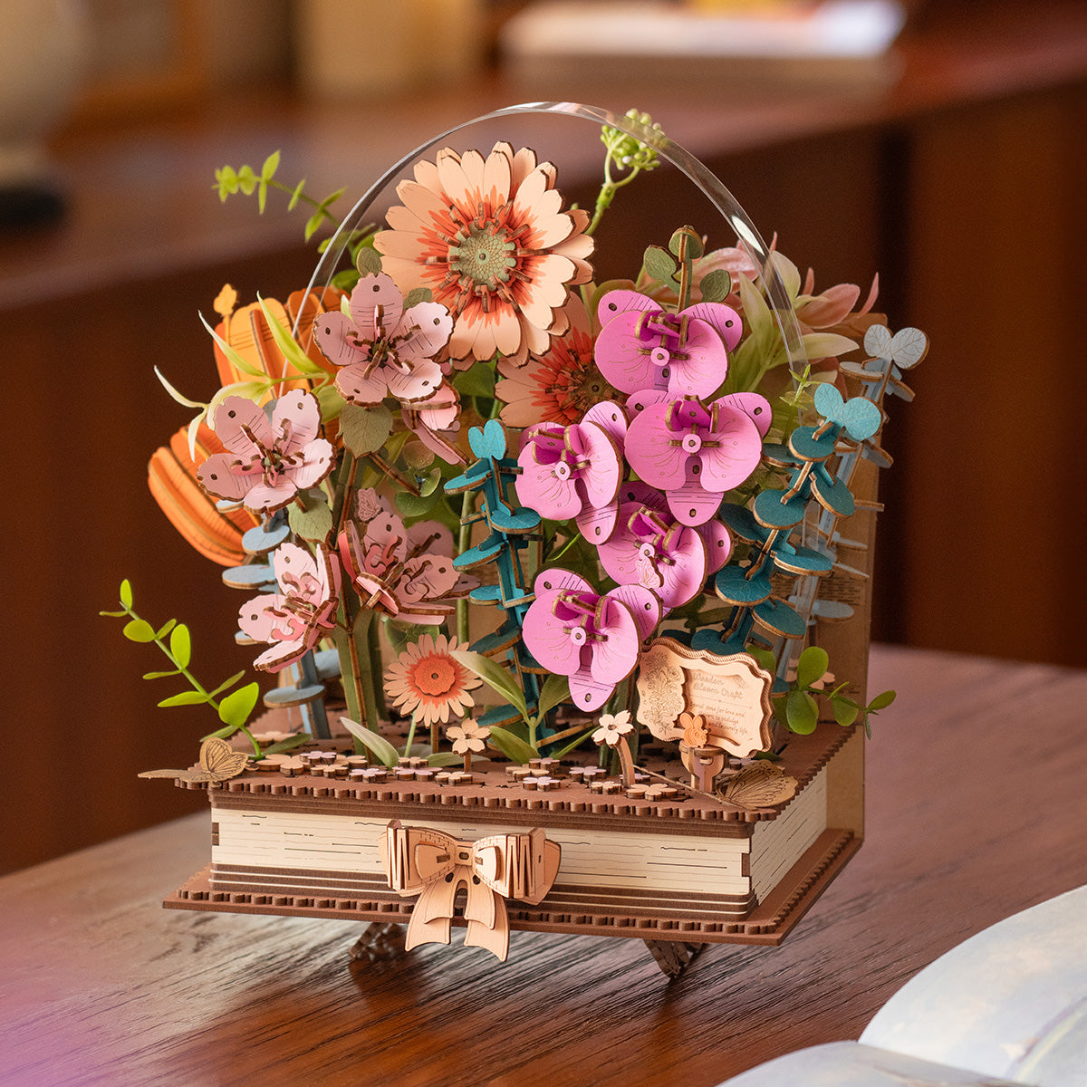 Rowood Wooden Blooming Book Flower Bouquet 3D Puzzle 3D wooden flower puzzle, angled view showing detail and craftsmanship