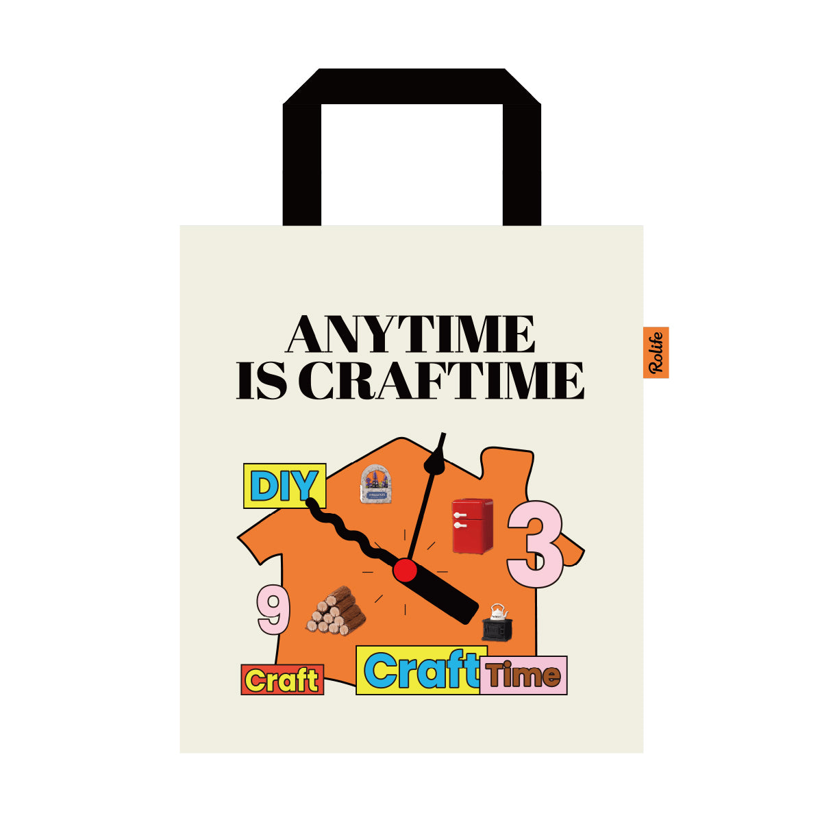 Cream craft tote bag with black handles and colorful DIY lettering