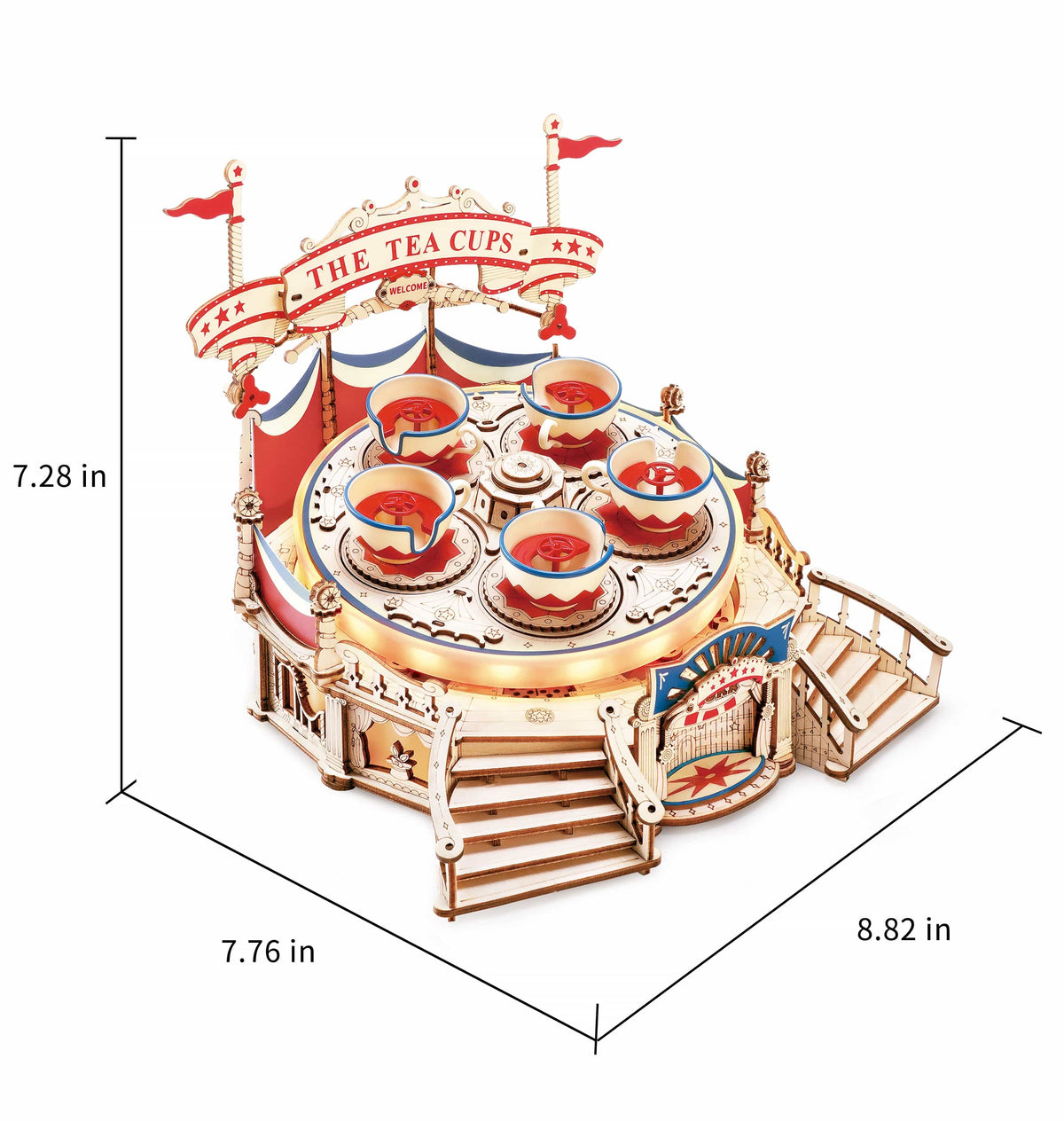 ROKR Tilt-A-Whirl Music Box EA04 mechanical music box wooden kit, side profile detail shot