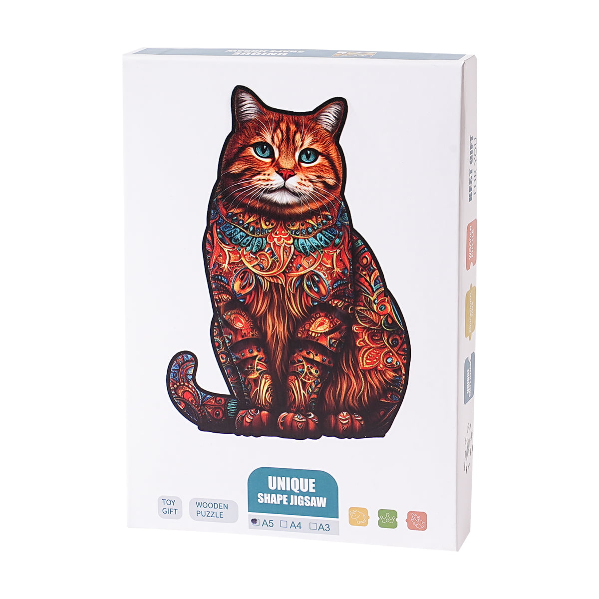 Robotime Exotic Cat wooden jigsaw retail box with illustrated orange tabby cat cover and Unique Shape Jigsaw badge on white packaging