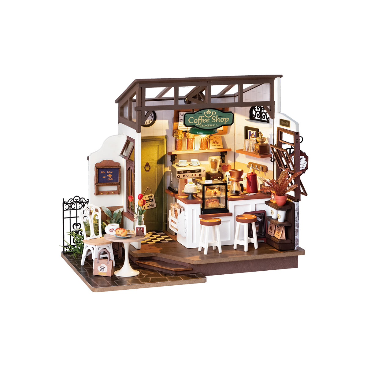 Rolife Flavory Café Miniature House DG162 DIY book nook miniature kit, interior cutaway showing inner mechanism