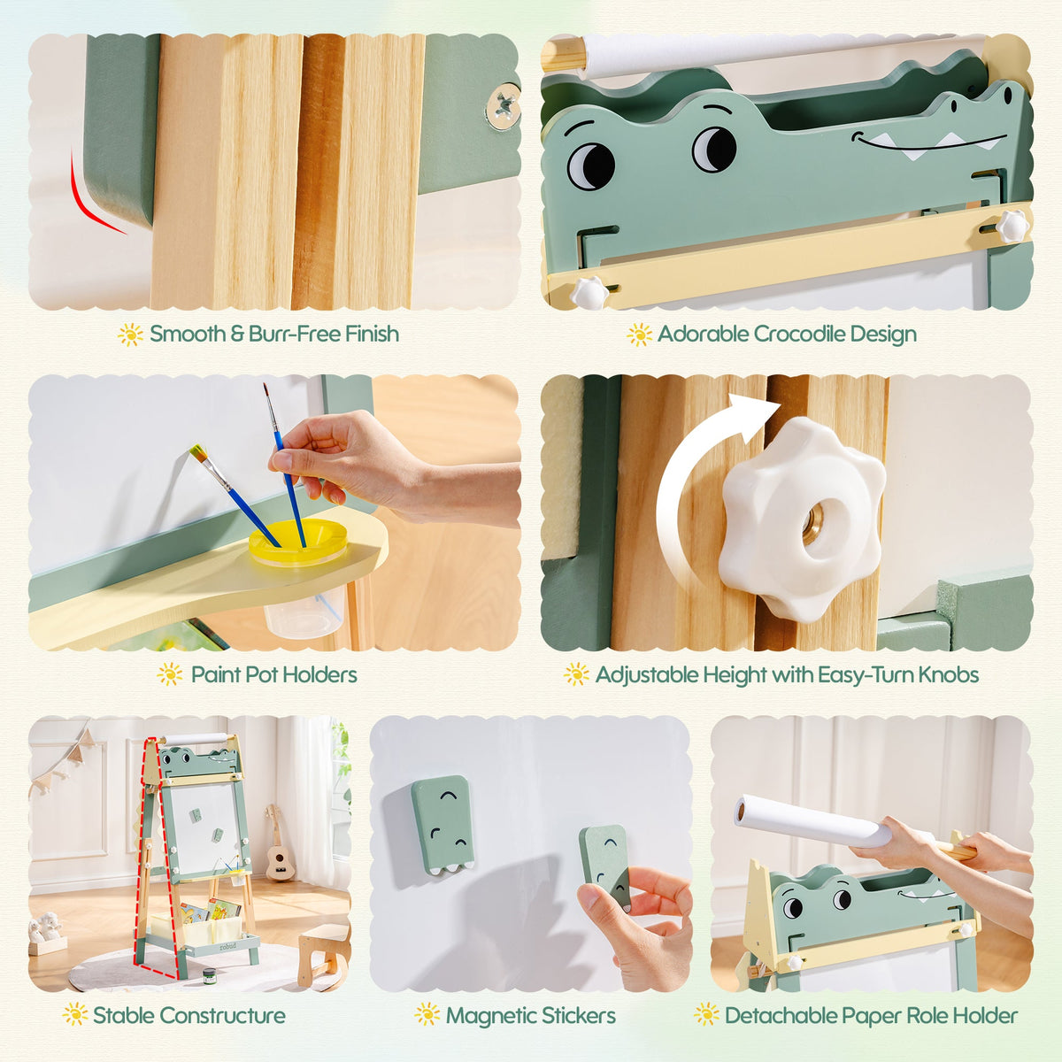 ROBUD Crocodile Easel feature panel showing smooth finish, adjustable design, palm pen holders and magnetic sliders