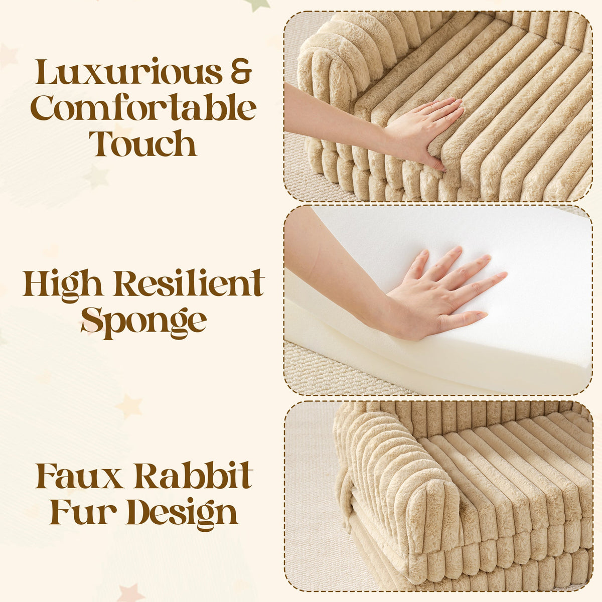 Close-up detail of ROBUD Children's Sofa featuring faux rabbit fur texture, high-resilient sponge interior and luxurious ribbed corduroy surface