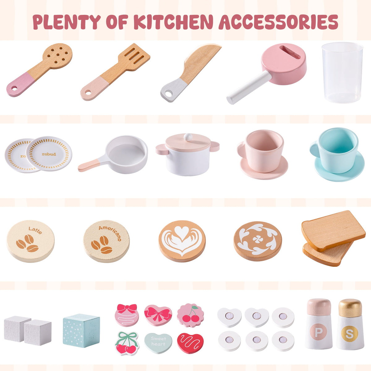 ROBUD Pink Baking Kitchen accessories flat lay showing wooden spoons, pots, cups, plates, cookies and pastry play food pieces