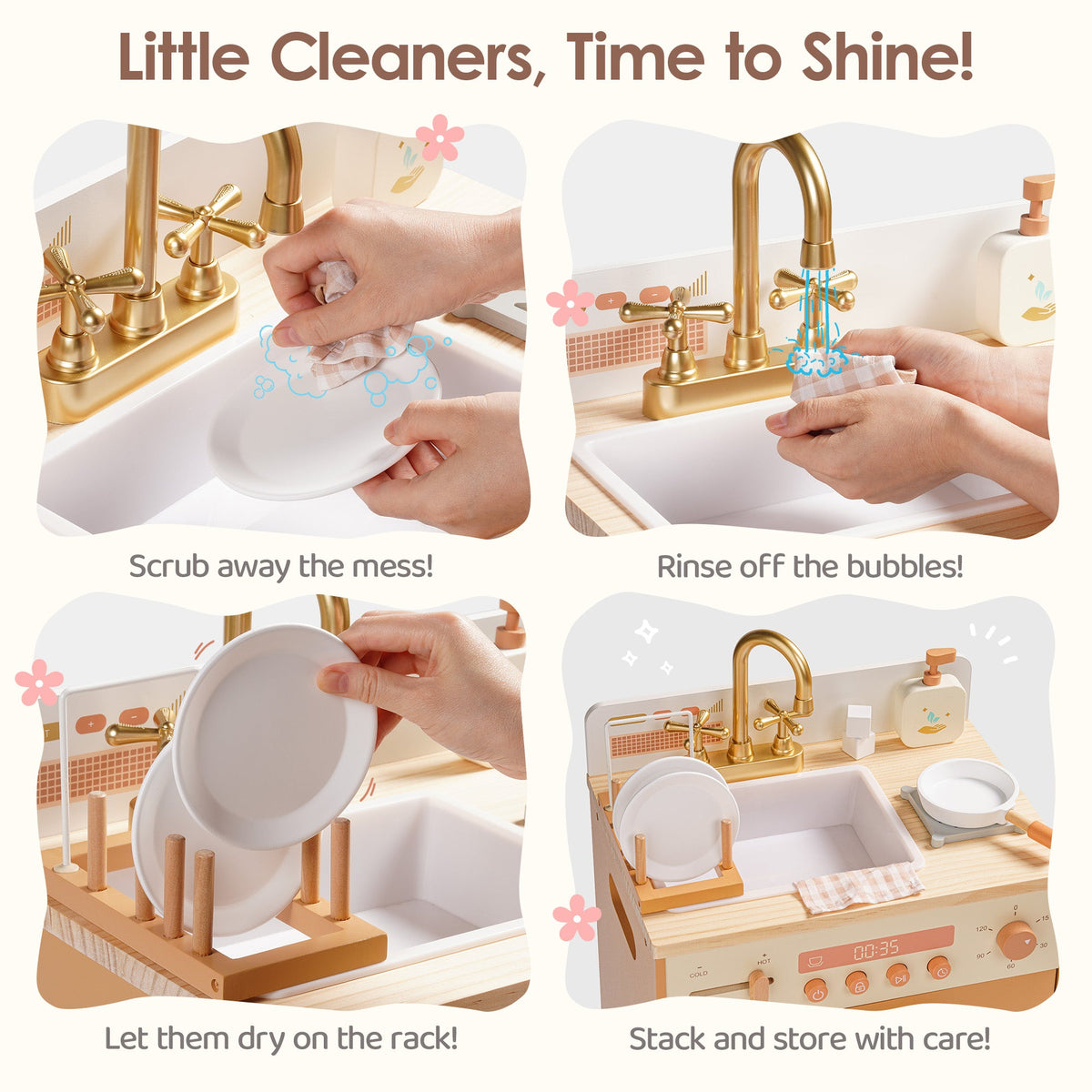 ROBUD Caramel Dishwasher Little Cleaners lifestyle panel with four steps showing scrub, rinse, dry and stack activities