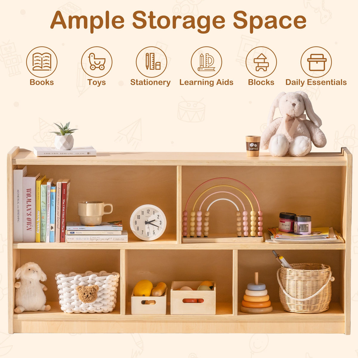 ROBUD Wooden Storage Cabinet feature highlighting ample space for books, toys, stationery, learning aids, blocks and daily essentials