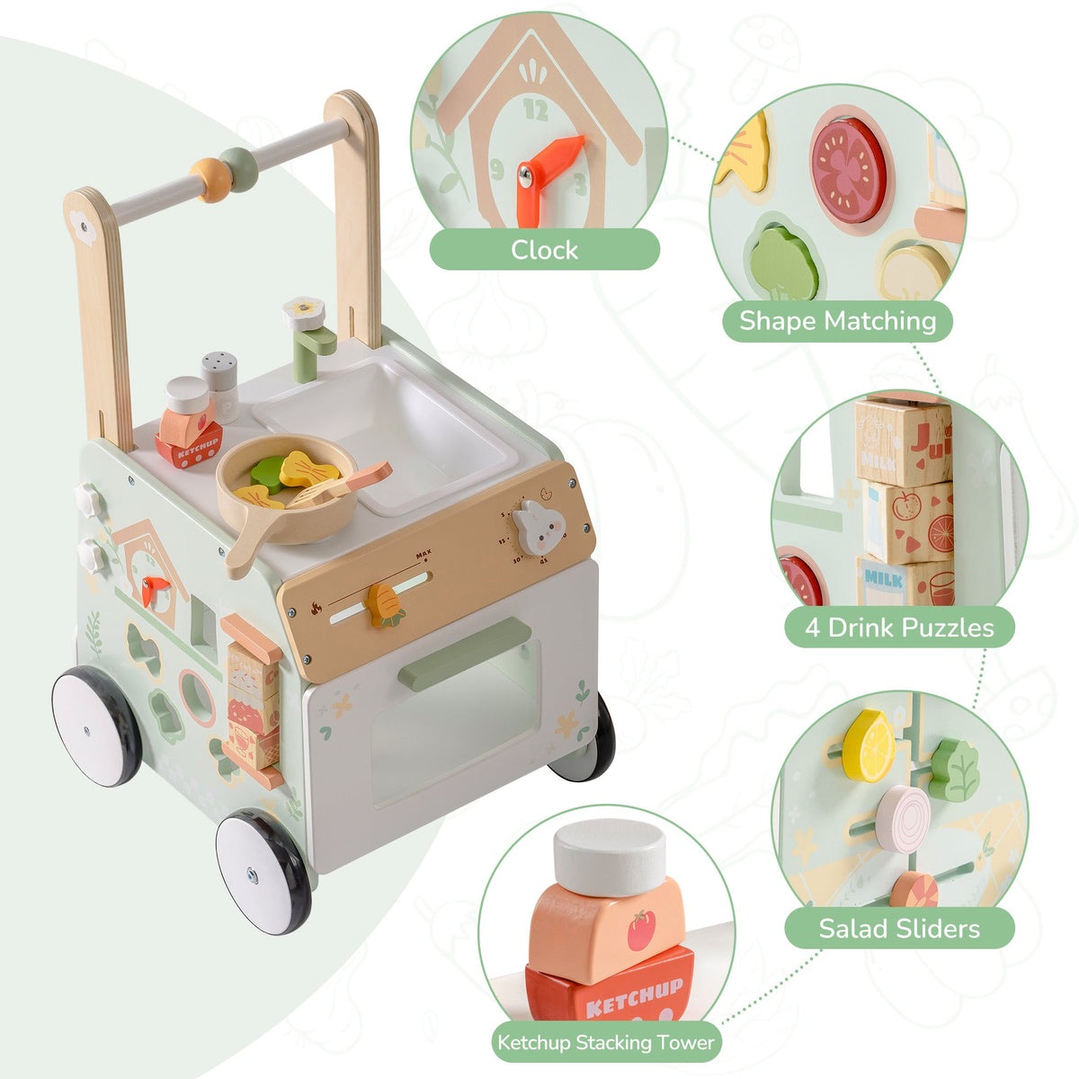 ROBUD Spring Countryside wooden baby push walker features callout showing clock, shape matching slots, drink block puzzles, salad sliders and ketchup stacking tower