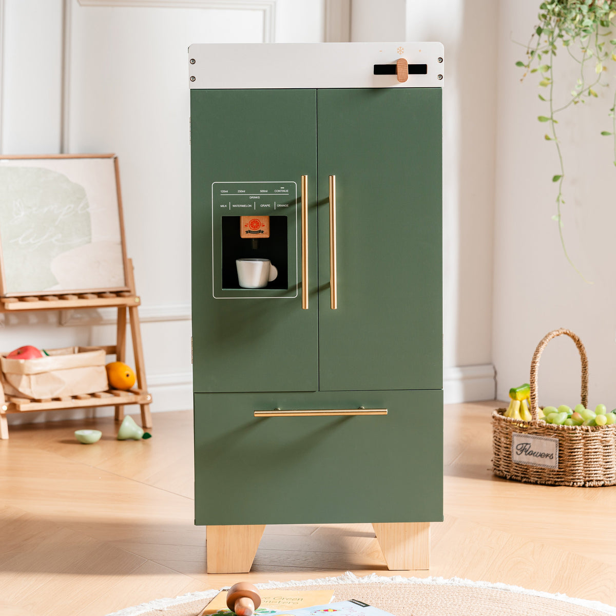 ROBUD vintage green play refrigerator with rattan cabinet detail and pull-out drawer displayed in a bright modern playroom