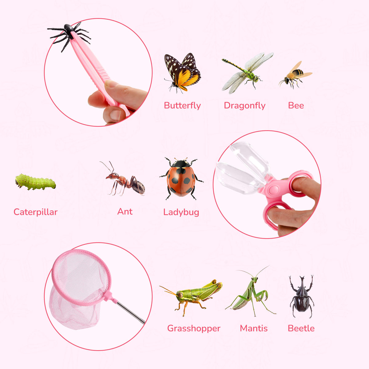 ROBUD outdoor kids explorer kit pink insect accessories infographic showing butterfly, dragonfly, bee, caterpillar, ant, ladybug, grasshopper, mantis, beetle, pink net, and scissors