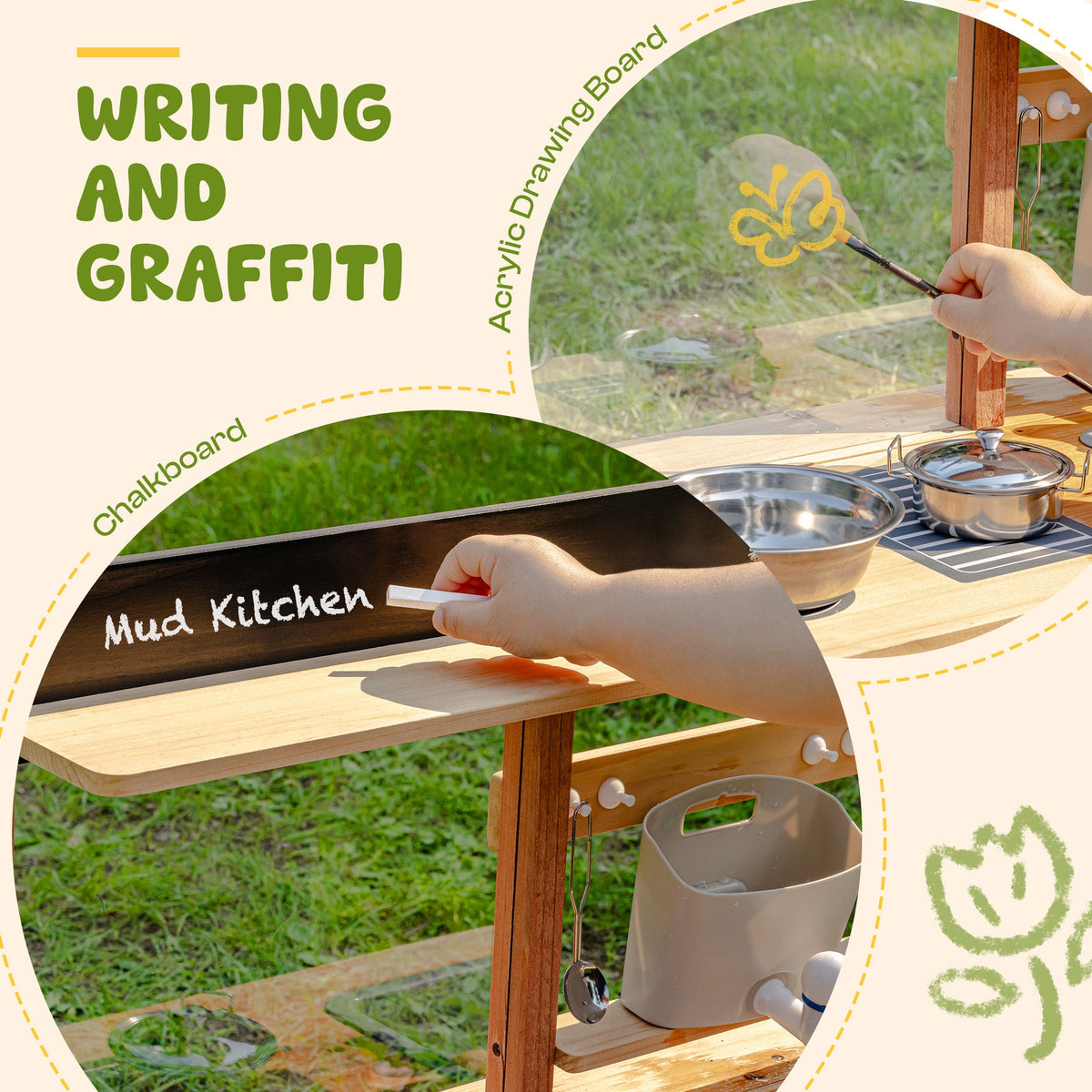 ROBUD outdoor mud kitchen writing and graffiti feature close-up showing chalkboard surface with Mud Kitchen text and acrylic drawing board with flower doodle