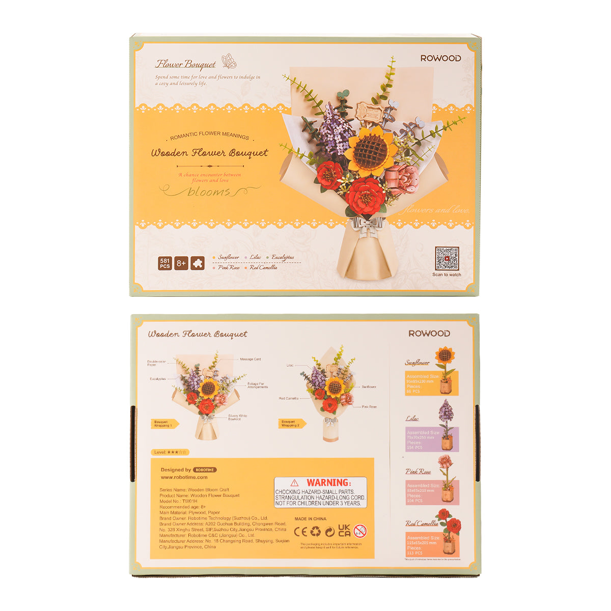 Die Anleitungskarten zum Rowood Holzblumenstrauß zeigen das fertige Arrangement und die Montageschritte.