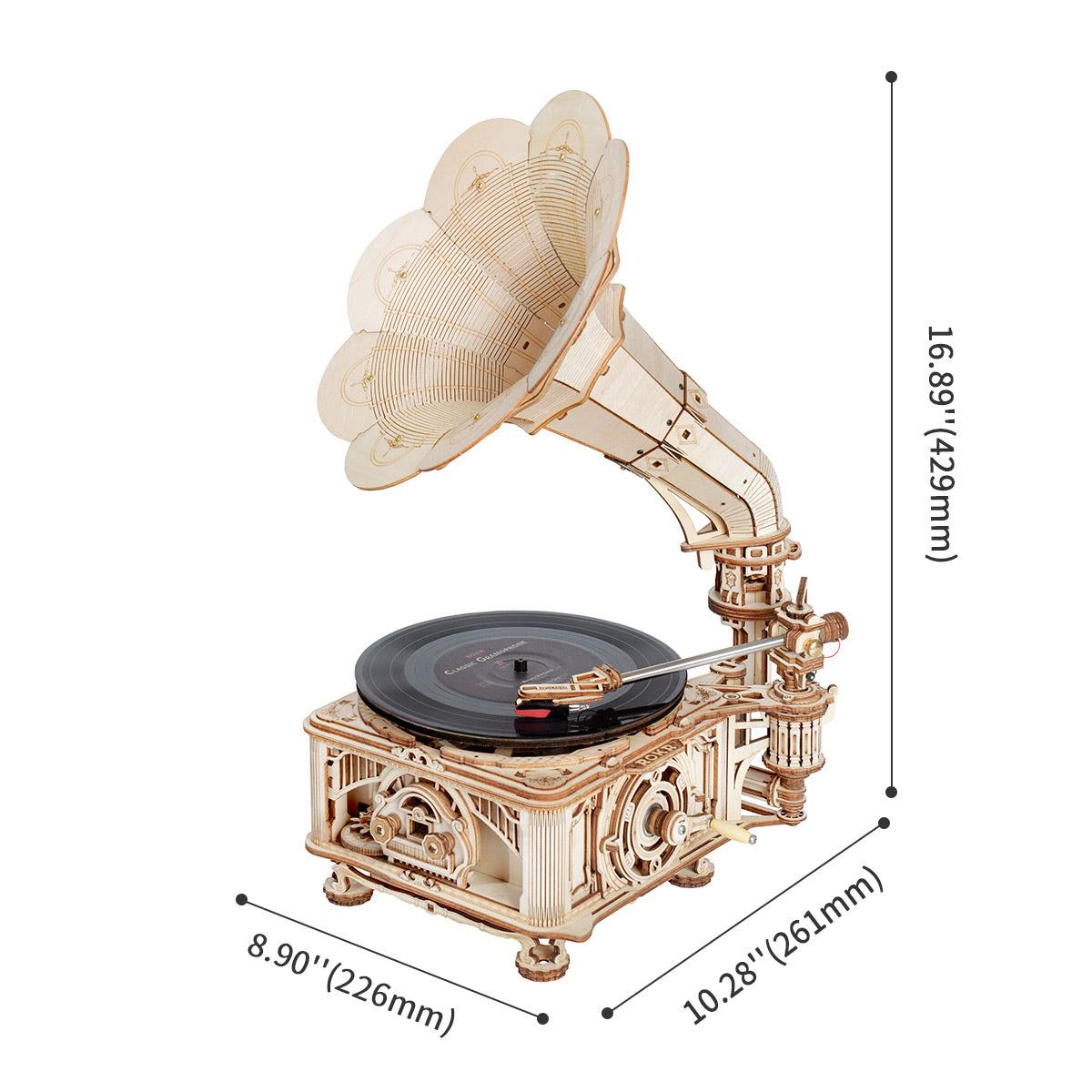 ROKR, Classic Gramophone, LKB01D, 3D wooden gramophone puzzle, top-down view