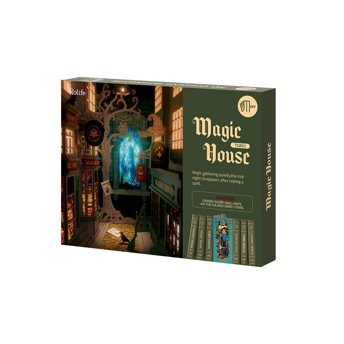 Rolife Magic House DIY miniature retail packaging box with green theme and product preview cover