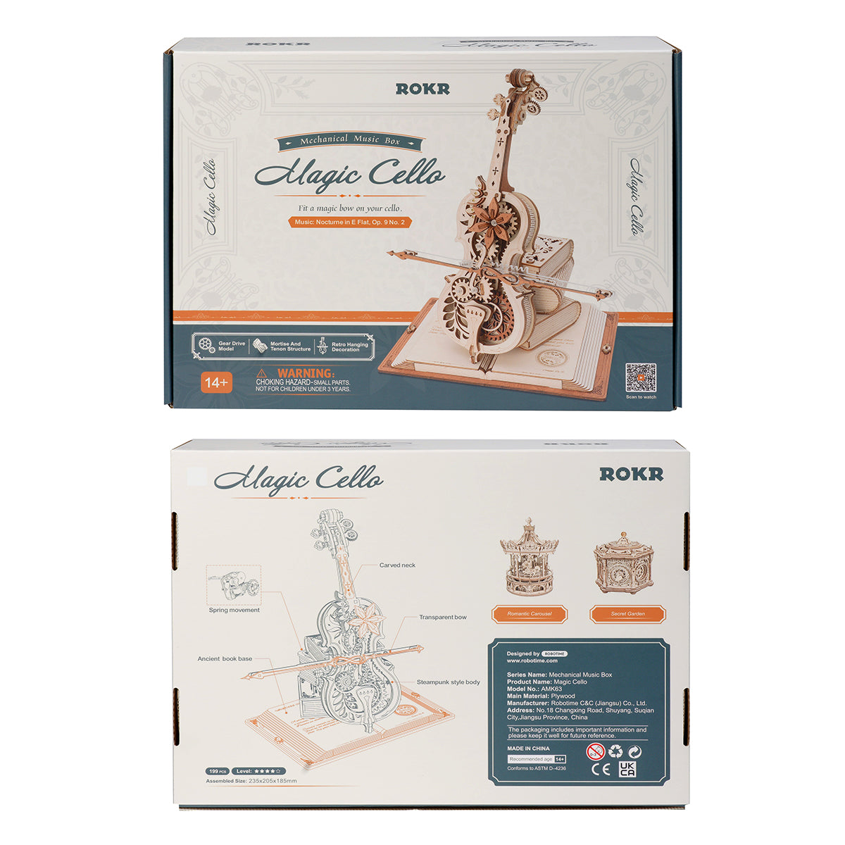 ROKR Magic Cello retail box front and back panels showing cover illustration and labeled component assembly diagram