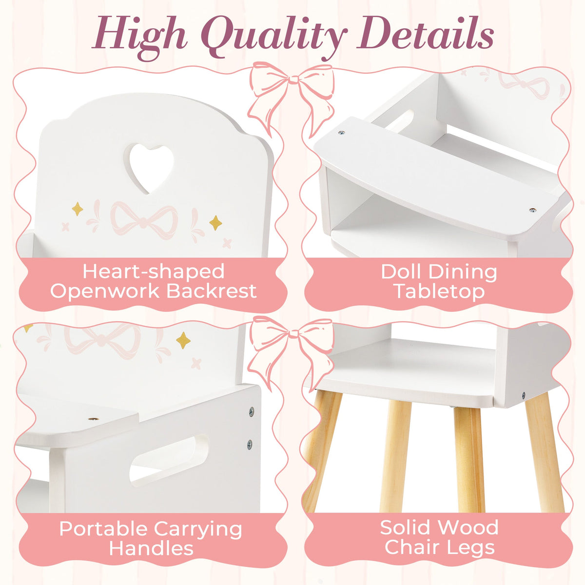 ROBUD doll high chair quality detail panels showing heart-shaped backrest dining tray carry handles and wood legs.