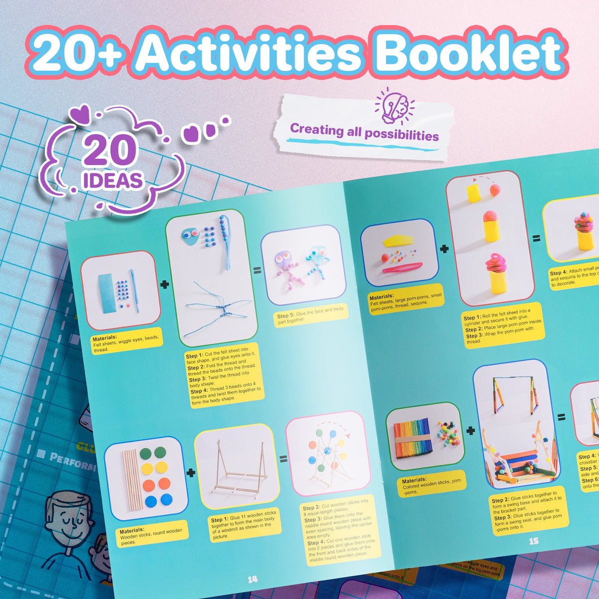 Robotime Arts and Crafts PA001 activity booklet open showing 20 illustrated step-by-step project ideas for kids including animals, jewelry, room decor, and sculptures