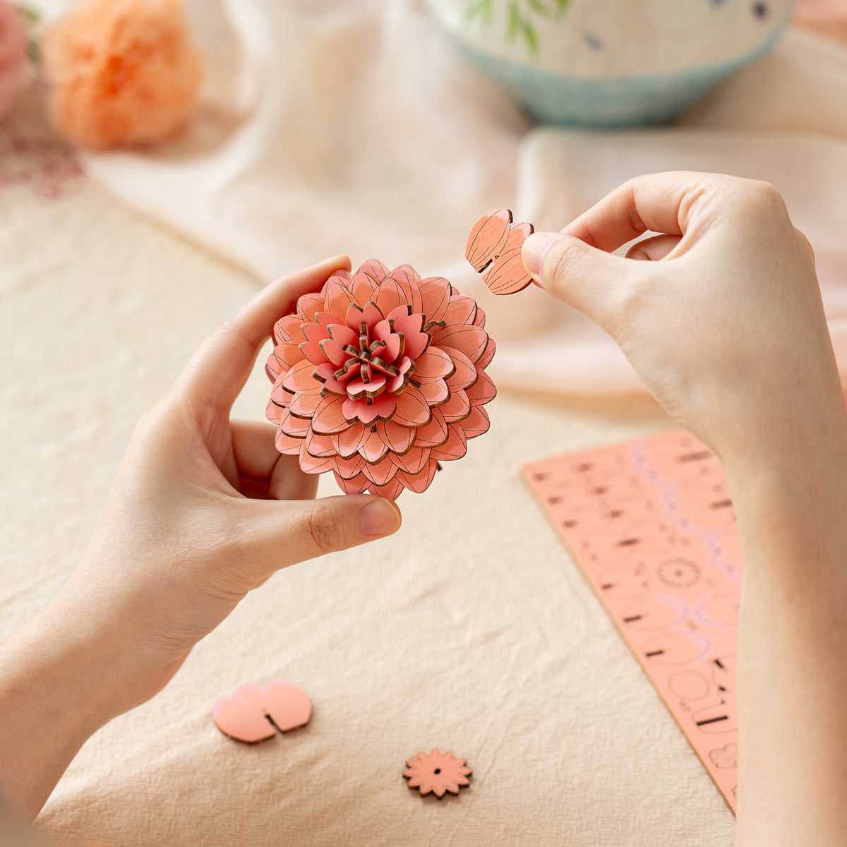 Rowood Pink Dahlia Wooden Flower 3D Puzzle TW131 3D wooden flower puzzle, angled view showing detail and craftsmanship