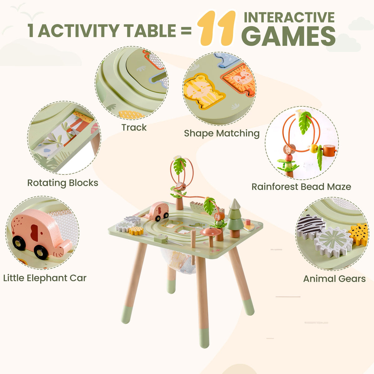 ROBUD 11 in 1 Rainforest Activity Table second games panel showing track, shape matching, rotating blocks and rainforest bead maze