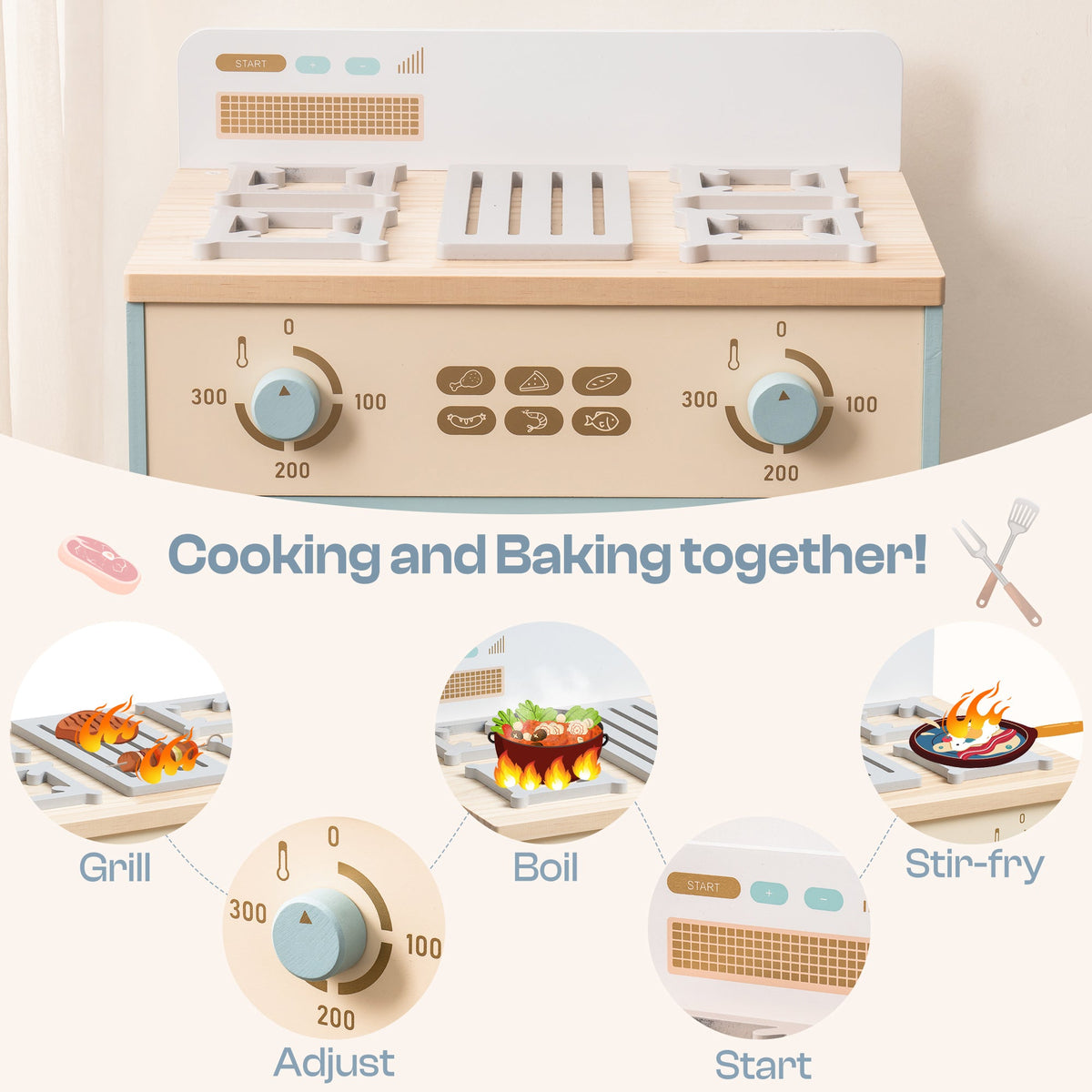 Robud play oven cooking and baking infographic showing grill, boil, stir-fry and adjust functions