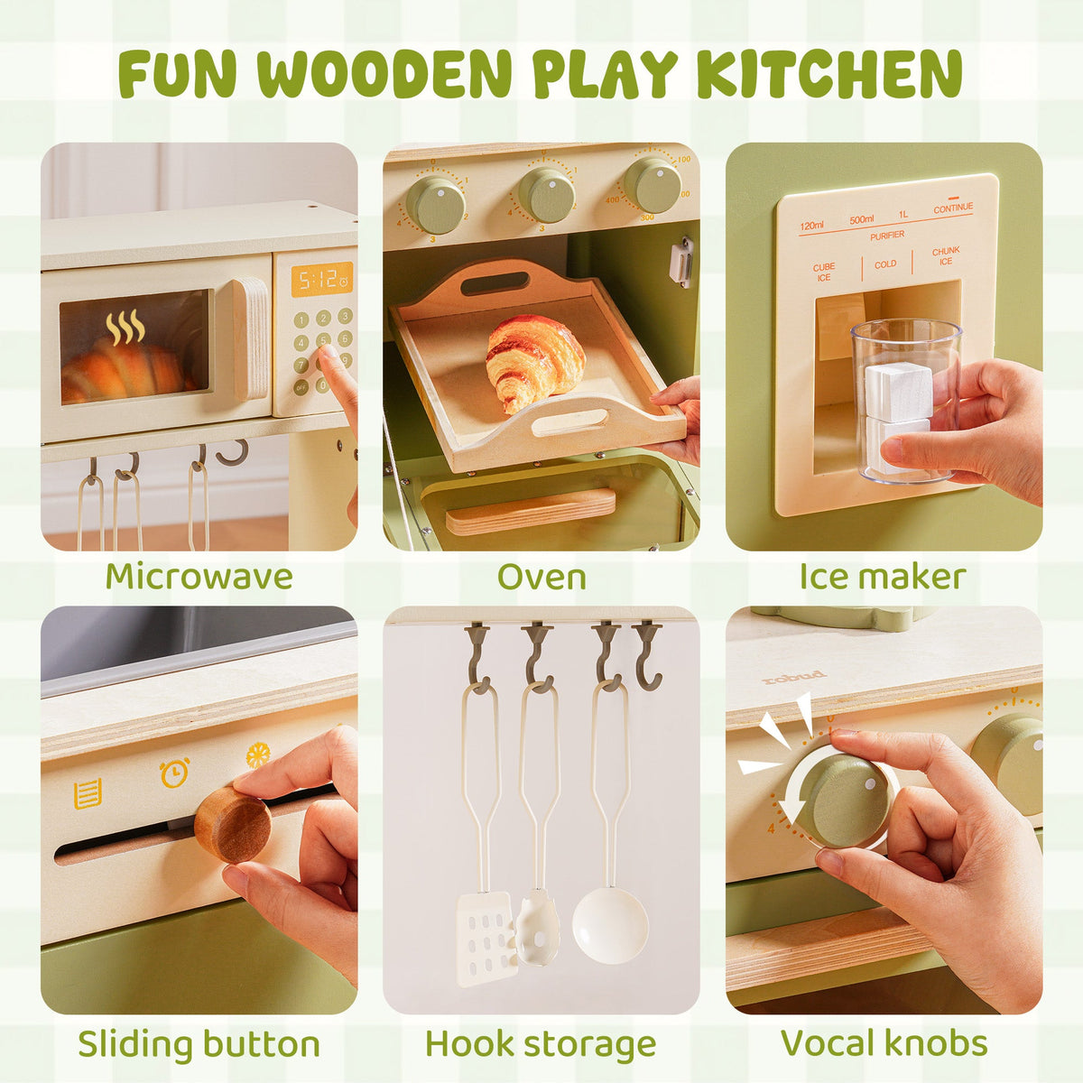 ROBUD green wooden play kitchen feature grid: microwave, oven, ice maker, sliding button, hook storage, and vocal knobs.